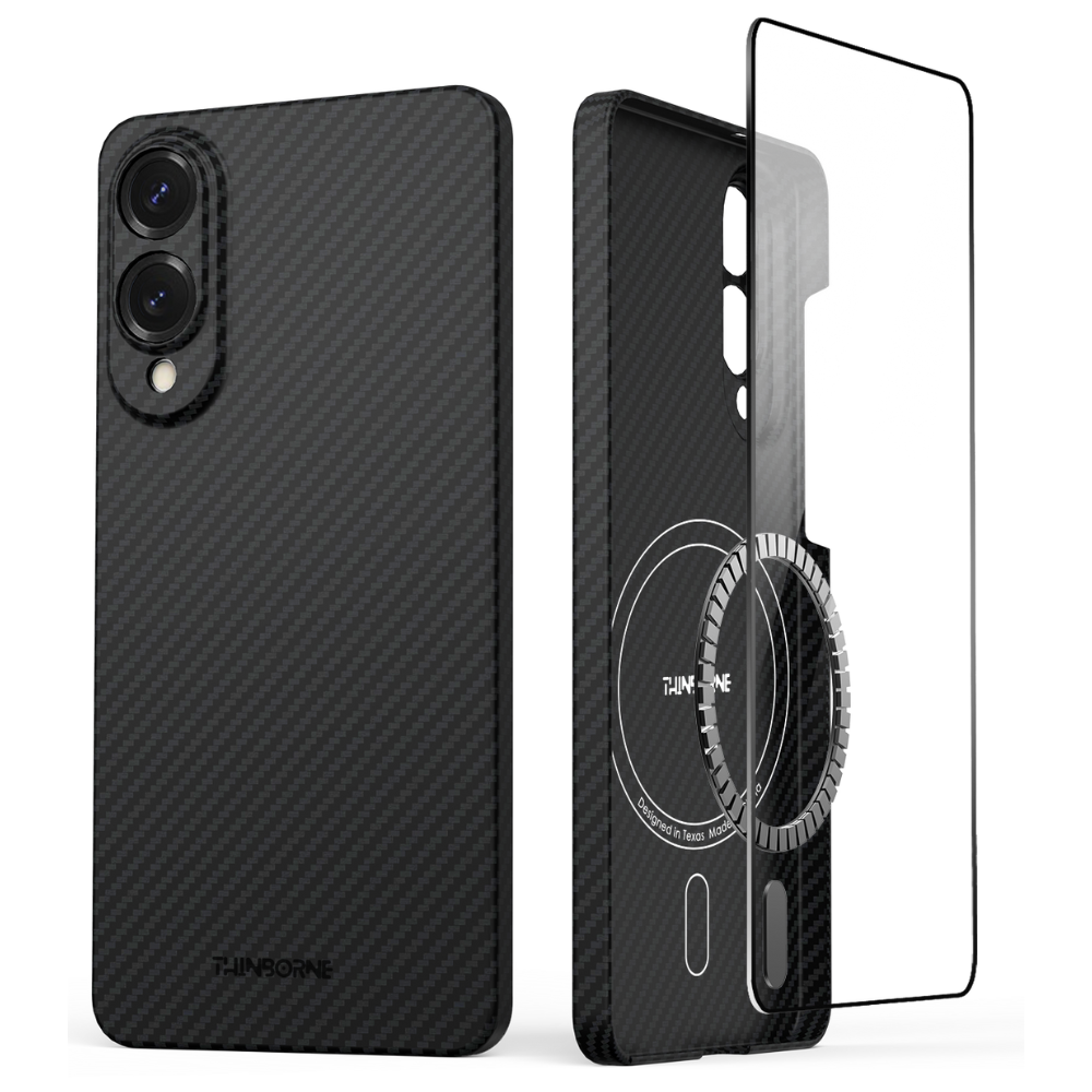 Galaxy S25 Edgeケースの前面・背面ビュー（スクリーンプロテクター付き、MagSafe対応デザイン）
