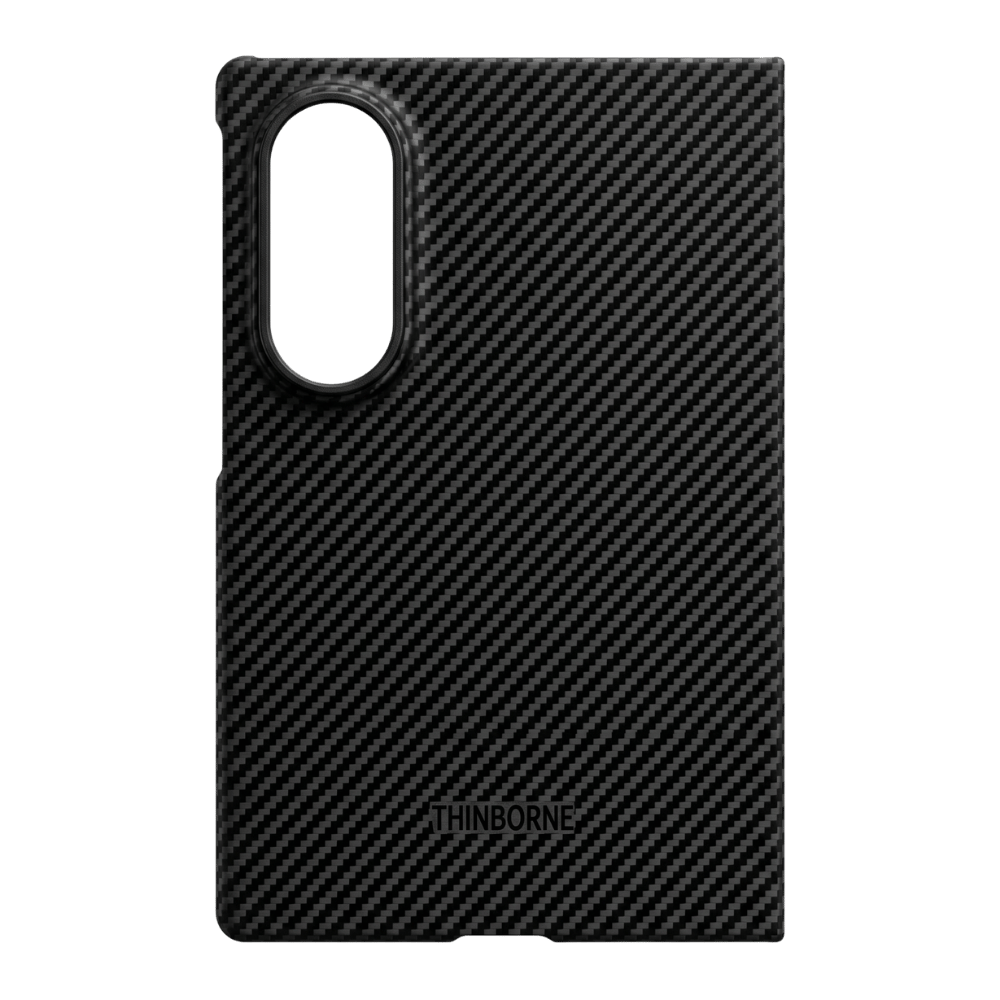 THINBORNE ロゴとカメラホールが配置された Galaxy Z Fold 8 用ブラックアラミド繊維風ケースの背面