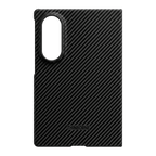 THINBORNE ロゴとカメラホールが配置された Galaxy Z Fold 8 用ブラックアラミド繊維風ケースの背面