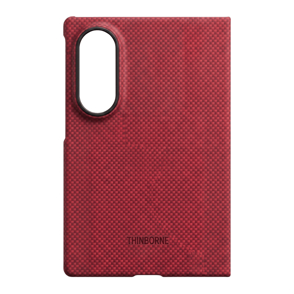 THINBORNE ロゴと背面カメラホールがある Galaxy Z Fold 8 用赤色アラミド繊維風ケースの背面