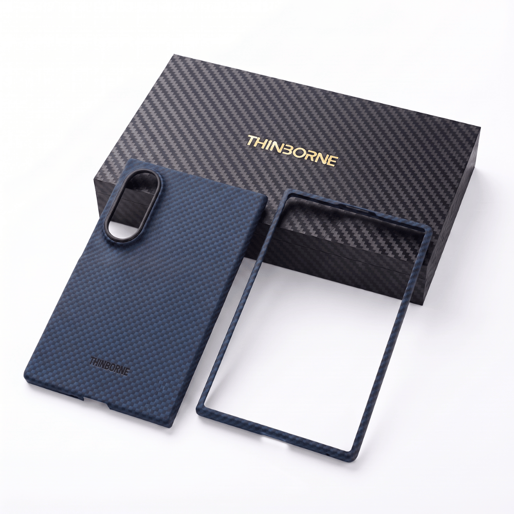 Thinborne ロゴ入りパッケージと Galaxy Z Fold 8 用ネイビーブルーの超薄型アラミド繊維風ケース