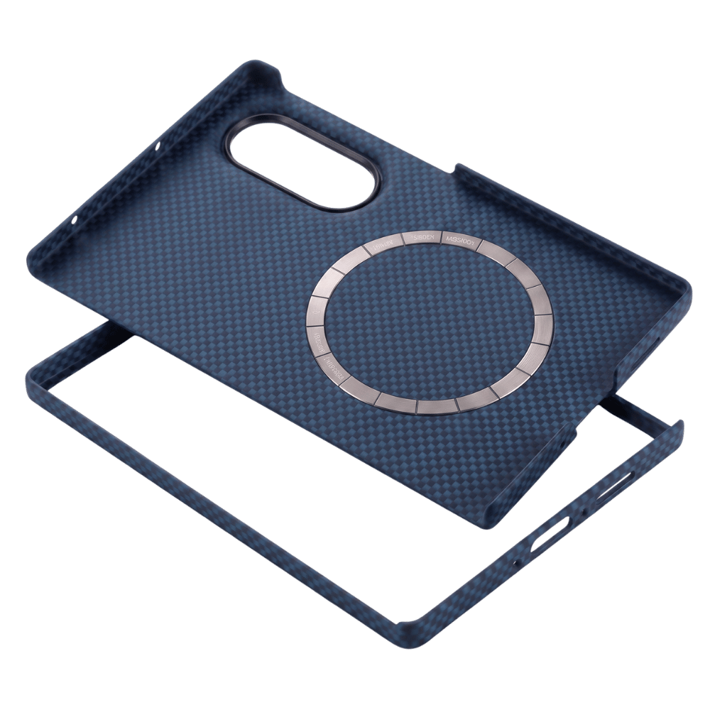 マグネット内蔵の Galaxy Z Fold 8 用ネイビーブルーケースと画面保護フレームの斜内側ショット